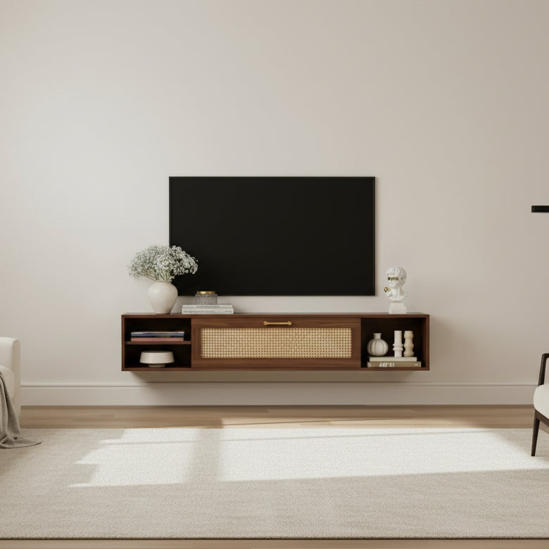 Floating rattan tv rack