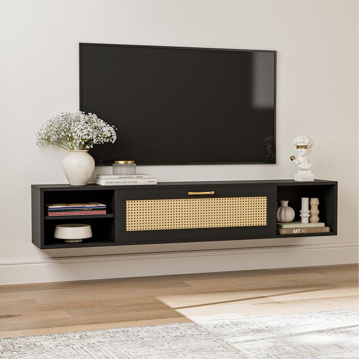 Floating rattan tv rack