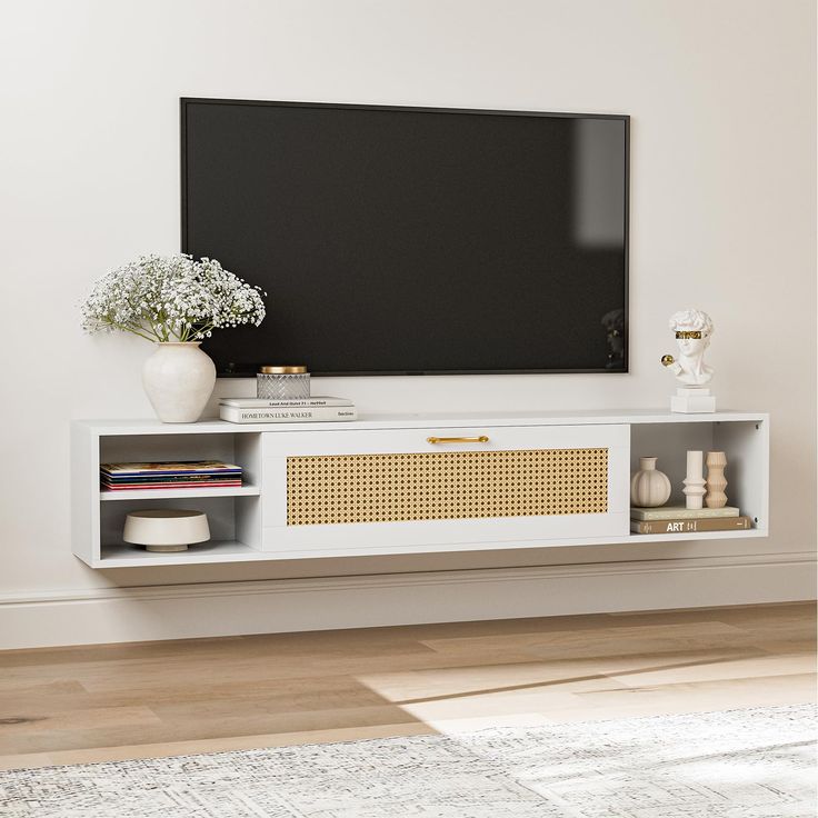 Floating rattan tv rack